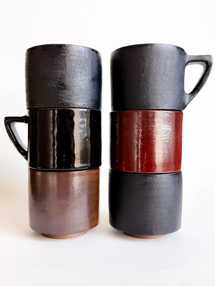 A stack of Cup No. 2 in mixed glazes