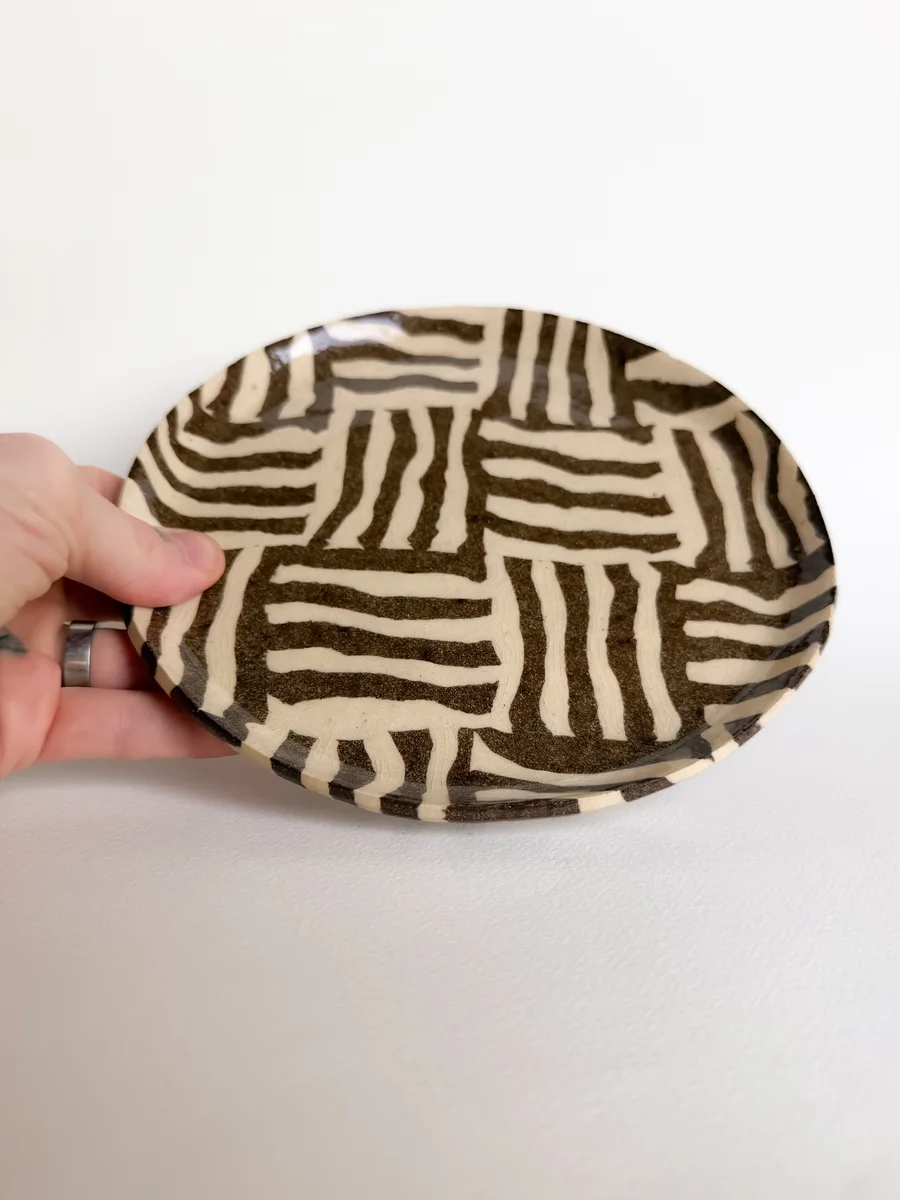 Nerikomi plate in layered coloured clay