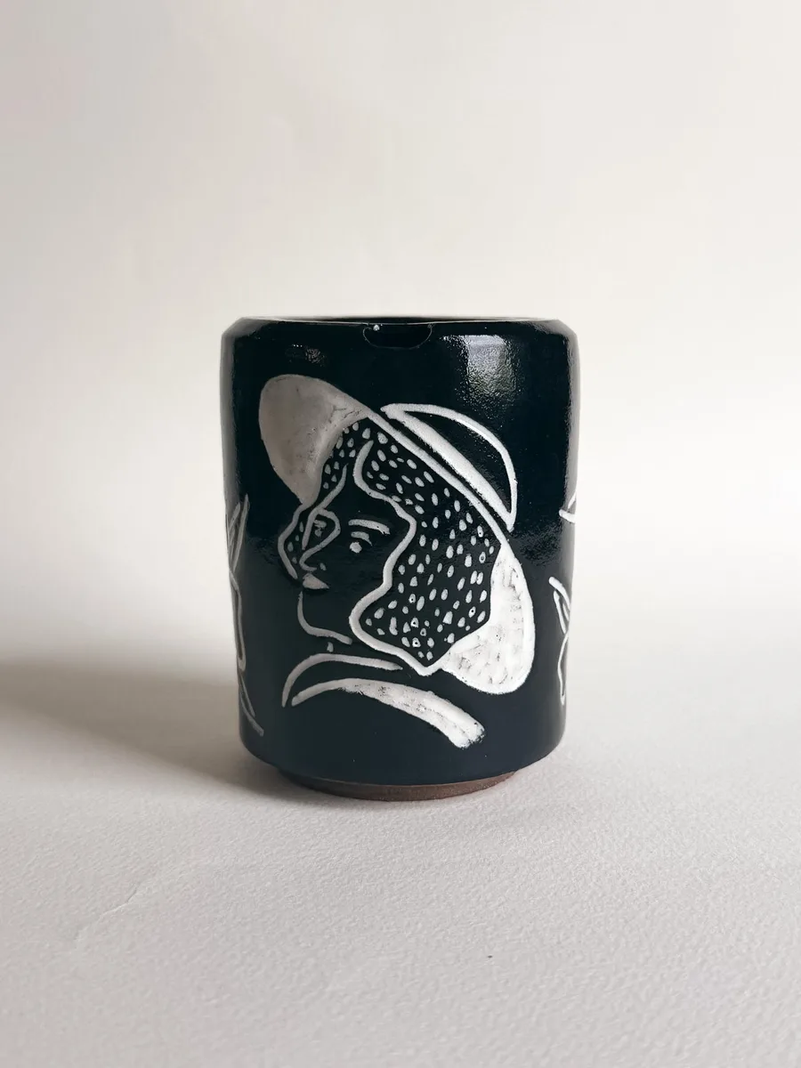 Travel cup carved with a moon lady and flowers