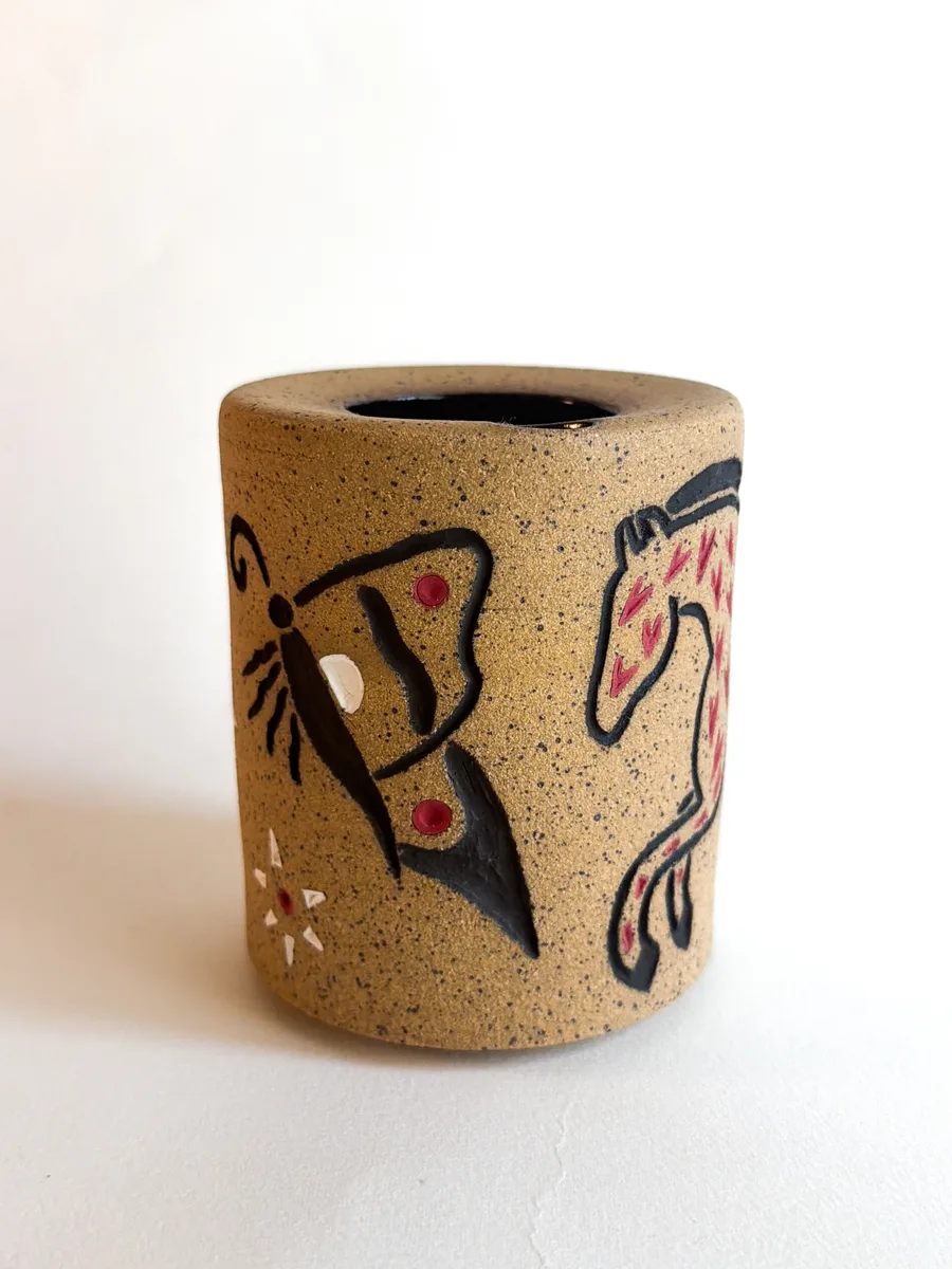 Travel cup carved with the Rosie Horse design