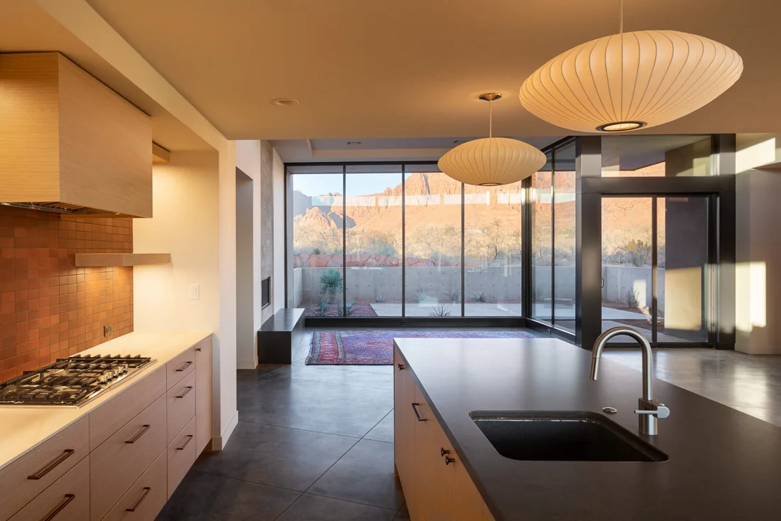 Opel House kitchen looking toward the desert; Desert Concepts, Southern Utah residential design