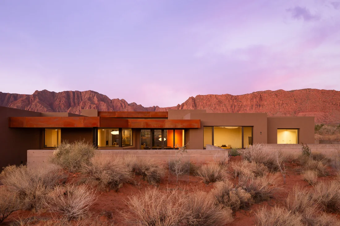 Opel House exterior in its desert setting; Desert Concepts, Southern Utah residential design